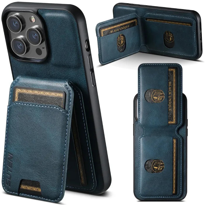 Blue wallet phone case with flip design, dual card slots, and premium textured leather finish.