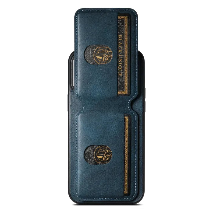 Wallet phone case in rich blue leather texture, shown closed with card compartments visible.