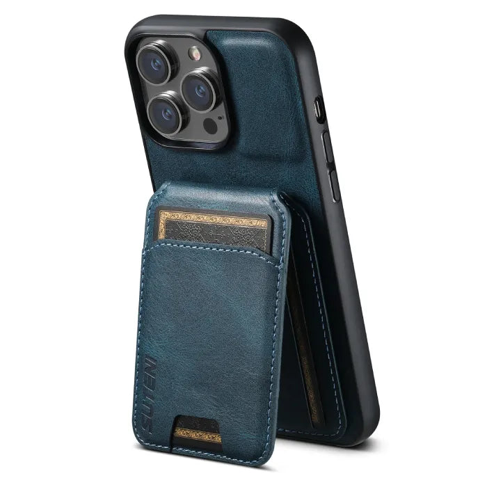 Wallet phone case in blue shown in kickstand position with folding card slot feature.