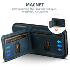 Wallet phone case in blue with magnetic closure, dual card slots, and secure card fit feature.