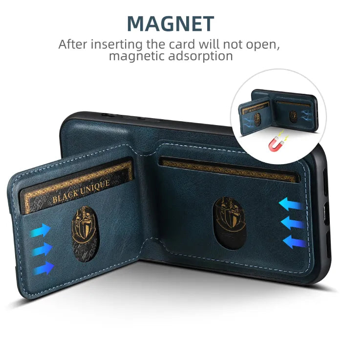 Wallet phone case in blue with magnetic closure, dual card slots, and secure card fit feature.