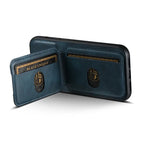 Blue wallet phone case shown open with dual card slots and premium stitched leather finish.