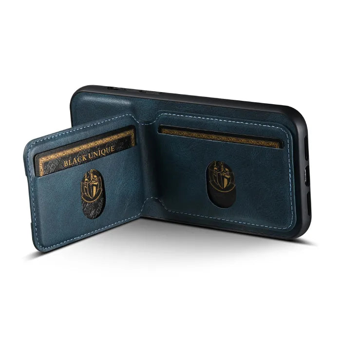 Blue wallet phone case shown open with dual card slots and premium stitched leather finish.