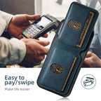 Blue wallet phone case positioned for easy card swiping at POS terminal, designed for tap-to-pay.