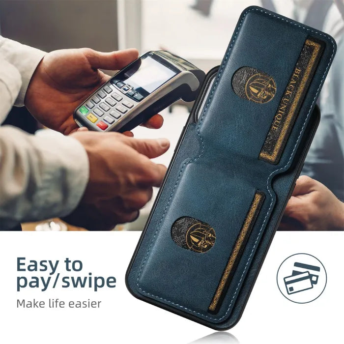 Blue wallet phone case positioned for easy card swiping at POS terminal, designed for tap-to-pay.