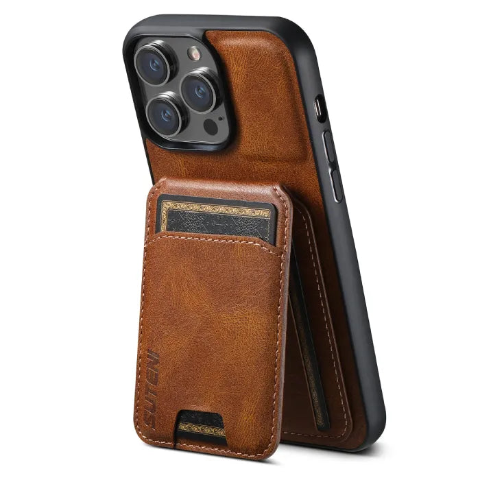Angled view of brown wallet phone case showing fold-out rear pocket and inserted card.