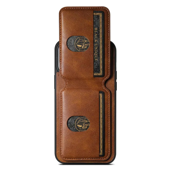 Brown leather wallet phone case folded shut with visible card slots and elegant stitching.