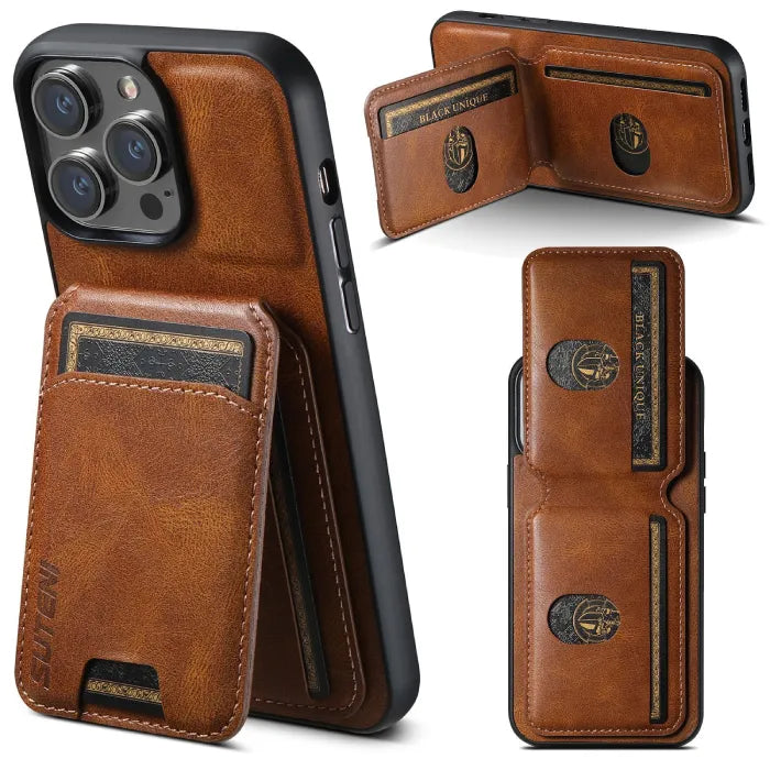 Brown wallet phone case with folding flap and secure magnetic closure, shown open and closed.