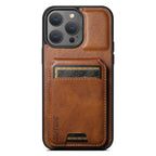 Brown wallet phone case with card slot on the back, stitched design, and camera cutout.