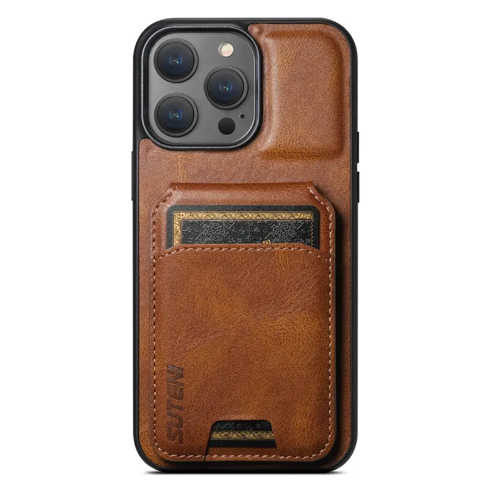 Brown wallet phone case with card slot on the back, stitched design, and camera cutout.