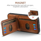 Brown wallet phone case with card holder slots and magnetic adsorption for secure card storage.