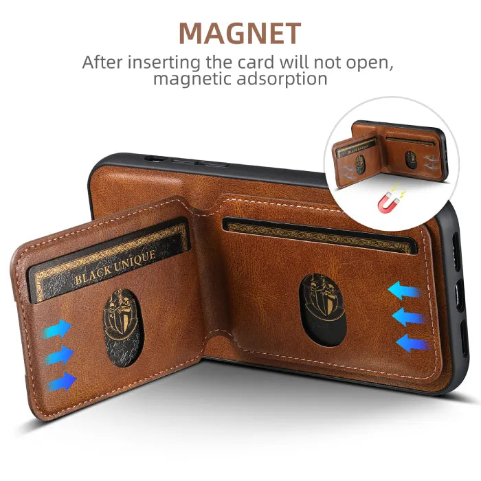Brown wallet phone case with card holder slots and magnetic adsorption for secure card storage.