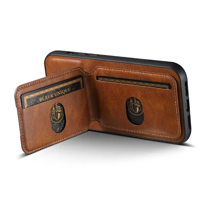 Brown leather wallet phone case laid open with card storage slots and magnetic lock system.