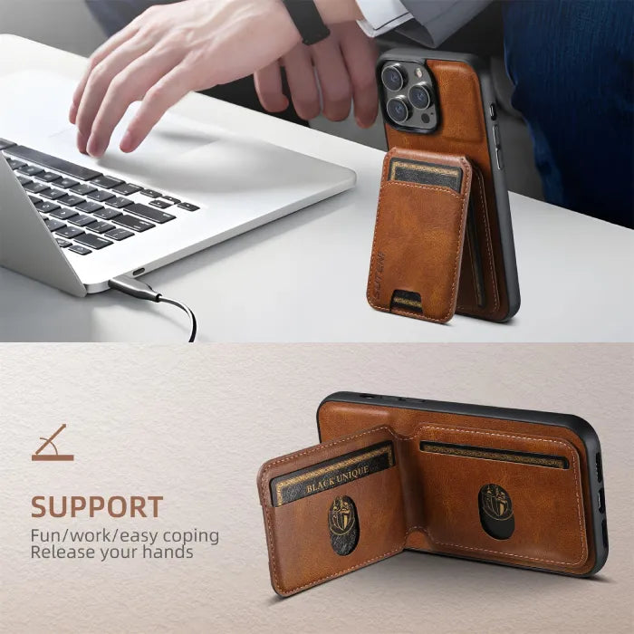 Brown wallet phone case used as stand next to laptop and open flat with card slots shown.