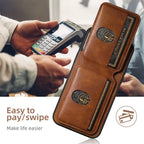 Brown wallet phone case positioned near card reader, designed for easy swipe and contactless pay.