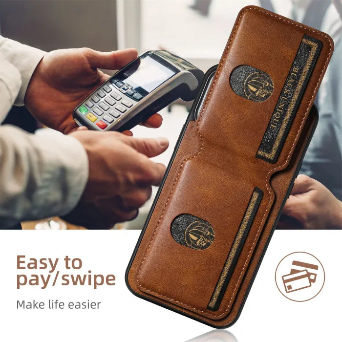 Brown wallet phone case positioned near card reader, designed for easy swipe and contactless pay.
