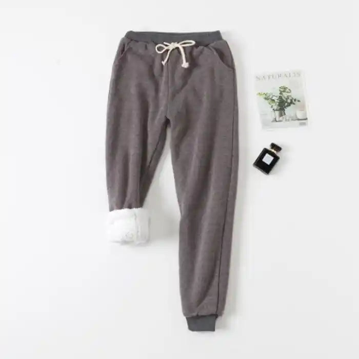  "Warm fleece jogger pants grey drawstring cozy fit with pockets ideal for winter comfort"