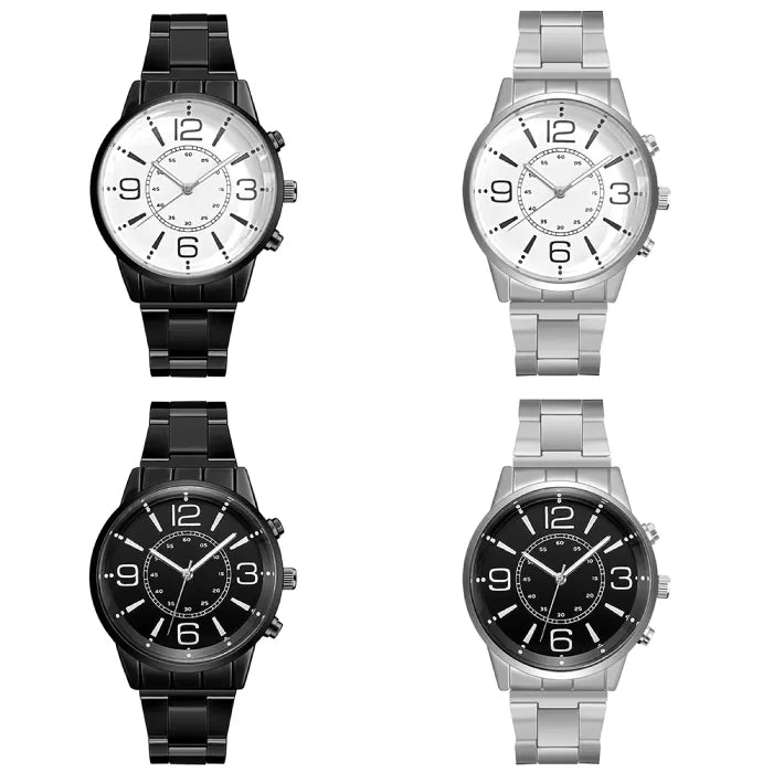 Complete watch collection showing four styles in black and silver with contrasting white and black dials