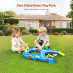 Water play set in backyard with two smiling children playing on green lawn.