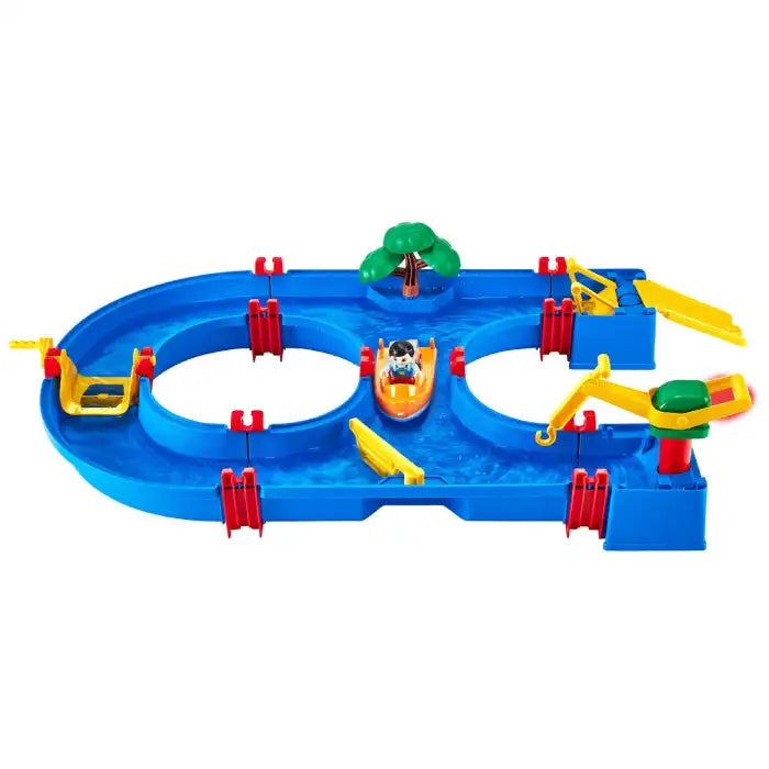 Water play set showing full setup with boat, gates, tree, and moving crane.