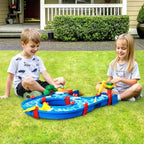 Water play set with two kids enjoying interactive outdoor water toy in grassy backyard.