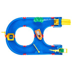 Water play set top view showing layout with boat, tree, and interactive canal features.