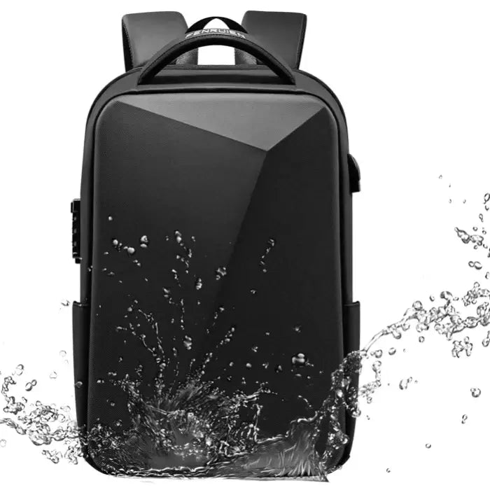 Waterproof laptop backpack with scratch-resistant and anti-vibration features, showing water splashing off surface