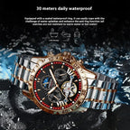 Water-resistant luxury automatic watch with 30-meter water resistance rating shown with water splash effect