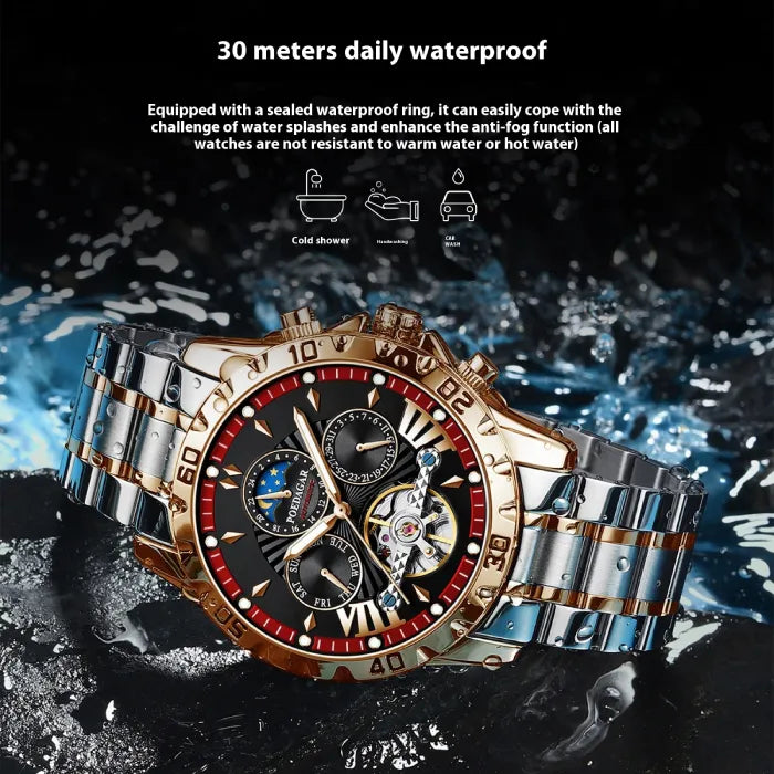 Water-resistant luxury automatic watch with 30-meter water resistance rating shown with water splash effect