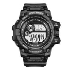 waterproof digital sport watch in all black rugged design featuring bold display and multiple function buttons for outdoor reliability