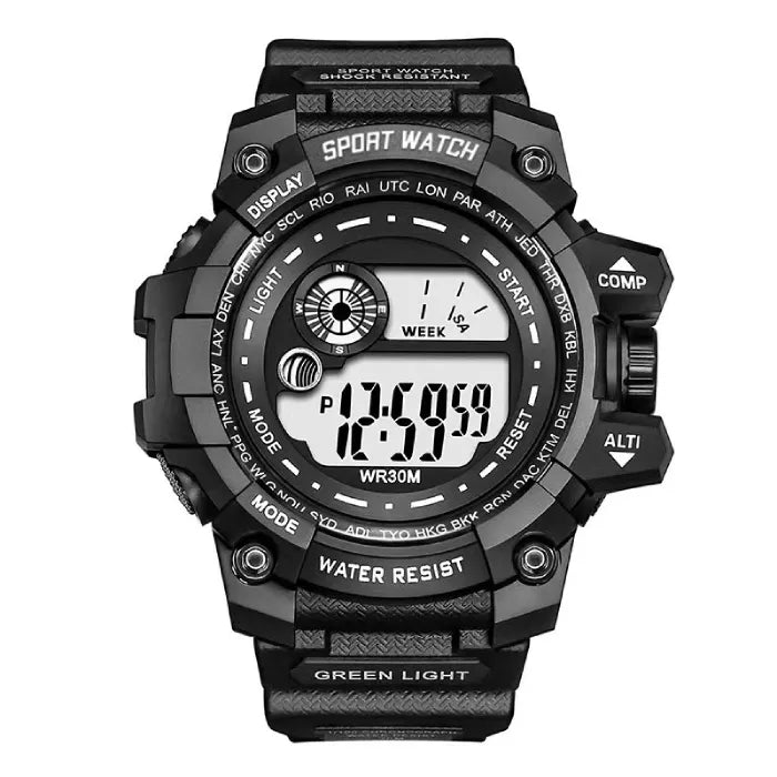 waterproof digital sport watch in all black rugged design featuring bold display and multiple function buttons for outdoor reliability