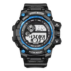 waterproof digital sport watch with bold blue accents durable housing and clear digital screen designed for sports and outdoor performance