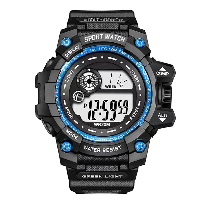 waterproof digital sport watch with bold blue accents durable housing and clear digital screen designed for sports and outdoor performance