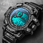 waterproof digital sport watch shown with blue backlight and water droplets highlighting shock resistant rugged design for active users