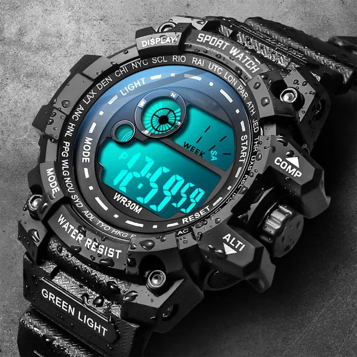 waterproof digital sport watch shown with blue backlight and water droplets highlighting shock resistant rugged design for active users