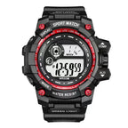 waterproof digital sport watch with rugged case, red accents and large digital display showing time and week indicator for outdoor use
