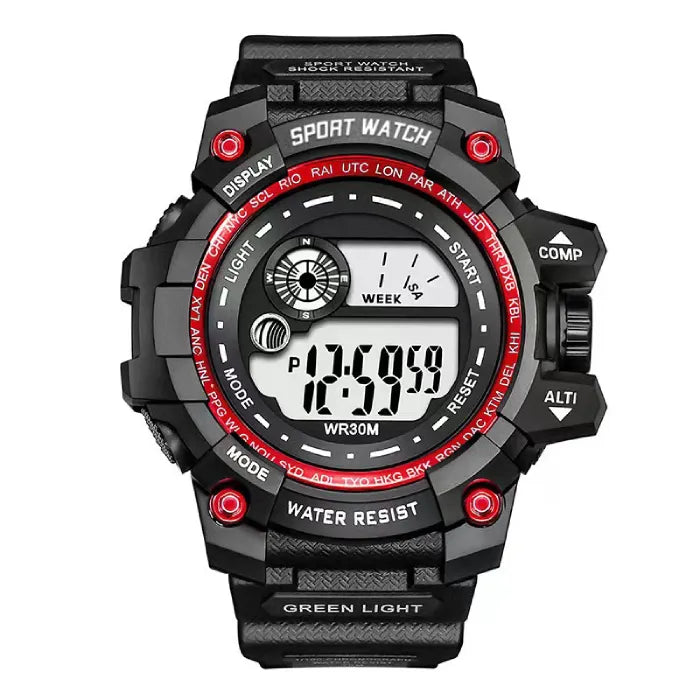 waterproof digital sport watch with rugged case, red accents and large digital display showing time and week indicator for outdoor use