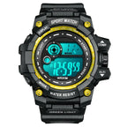 waterproof digital sport watch featuring bright yellow accents and blue backlight for easy visibility during outdoor activities