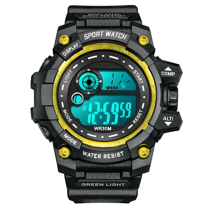 waterproof digital sport watch featuring bright yellow accents and blue backlight for easy visibility during outdoor activities