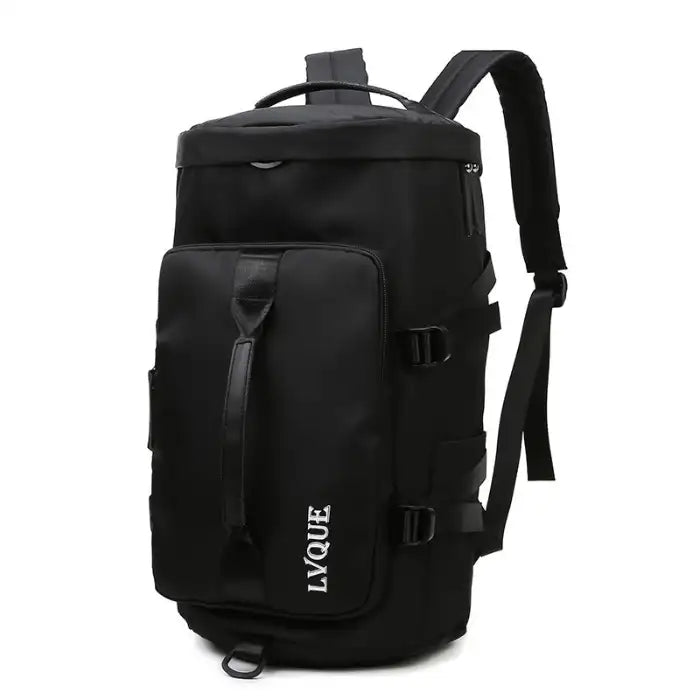 Waterproof duffle bag in black with front zipper pocket and durable backpack-style straps.