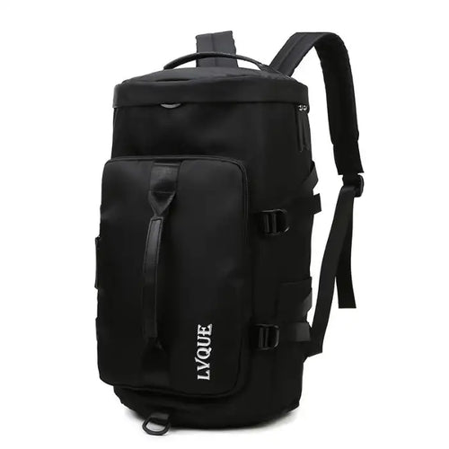 Waterproof duffle bag in black with front zipper pocket and durable backpack-style straps.