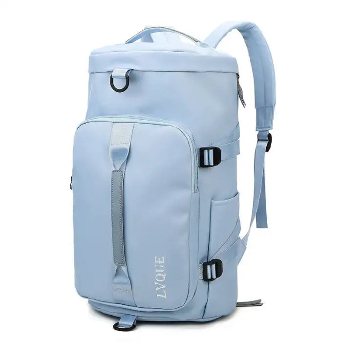 Waterproof light blue duffle bag with adjustable backpack straps and secure front zip compartment.