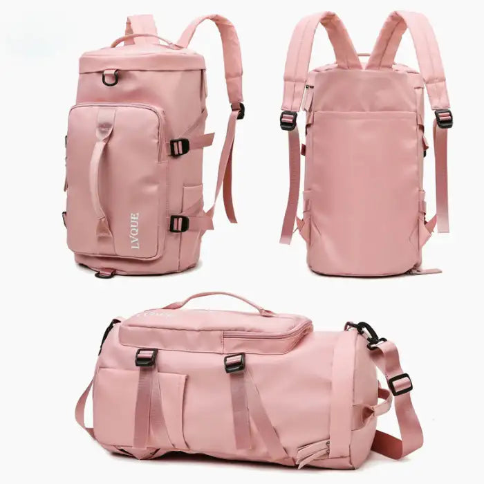 Waterproof duffle bag in pink color with convertible backpack straps and multiple compartments.