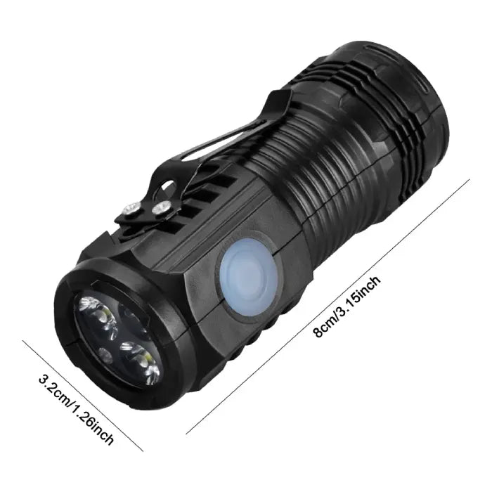 LED flashlight with waterproof capabilities shown with water droplets on the surface.