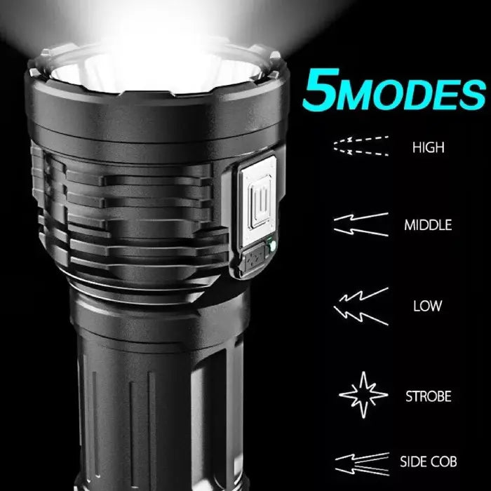 Waterproof flash light with five lighting modes including high, medium, low, strobe, and side COB.