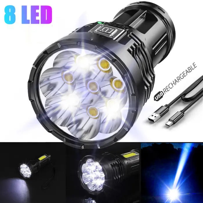 Bright waterproof flash light with 8 LEDs, USB charging, and high-intensity outdoor beam projection.