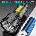 Black flashlight with a built-in battery on a gray background