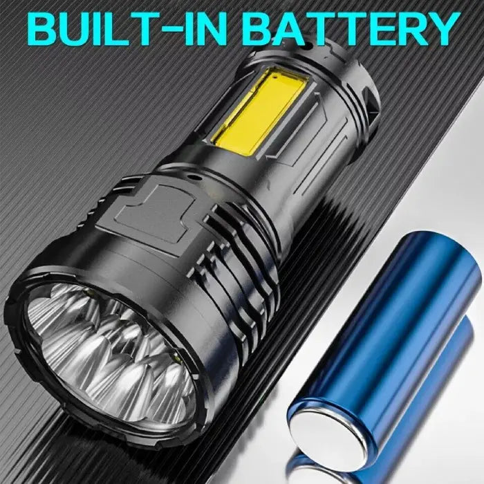 Black flashlight with a built-in battery on a gray background