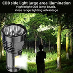 Waterproof flash light with COB side light illuminating forest for wide area coverage at night.