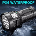 Waterproof flash light shown in water with IPX6 rating and durable, weather-resistant casing.